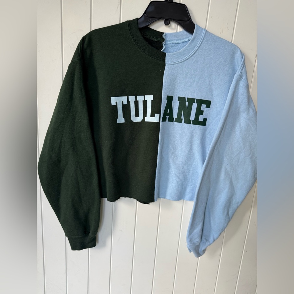 Custom Tulane split cropped Sweatshirt Hunter Green and Light Blue size Small